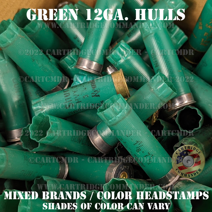 Box of empty 12 gauge shotgun shells / hulls, green