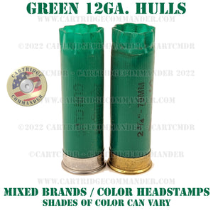 Empty 12 gauge shotgun shells / hulls, green