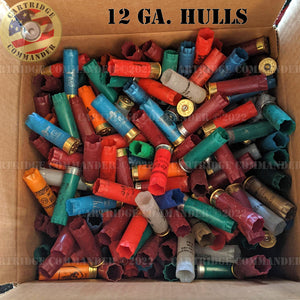 Box of empty 12 gauge shotgun shells / hulls, mixed colors