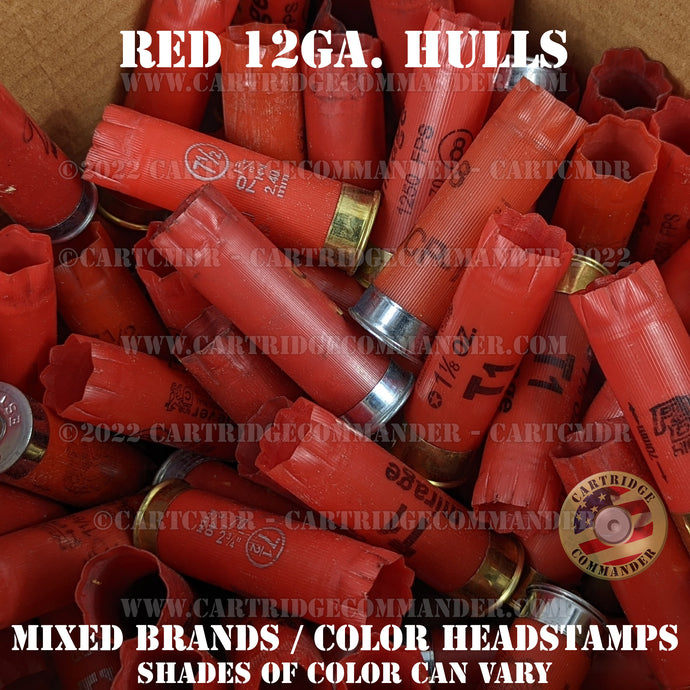 Box of empty 12 gauge shotgun shells / hulls, red