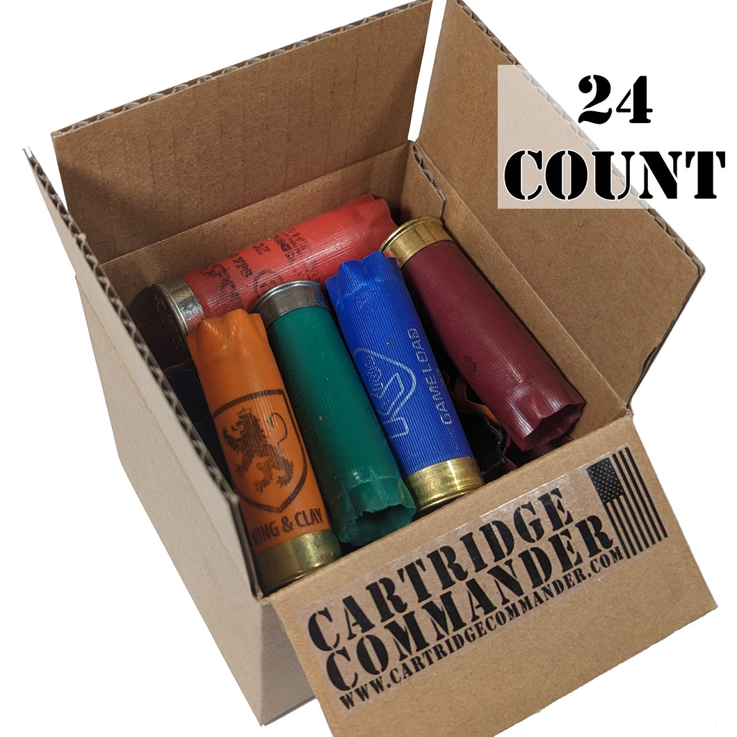 24-pack box of empty 12 gauge shotgun shells / hulls, mixed colors