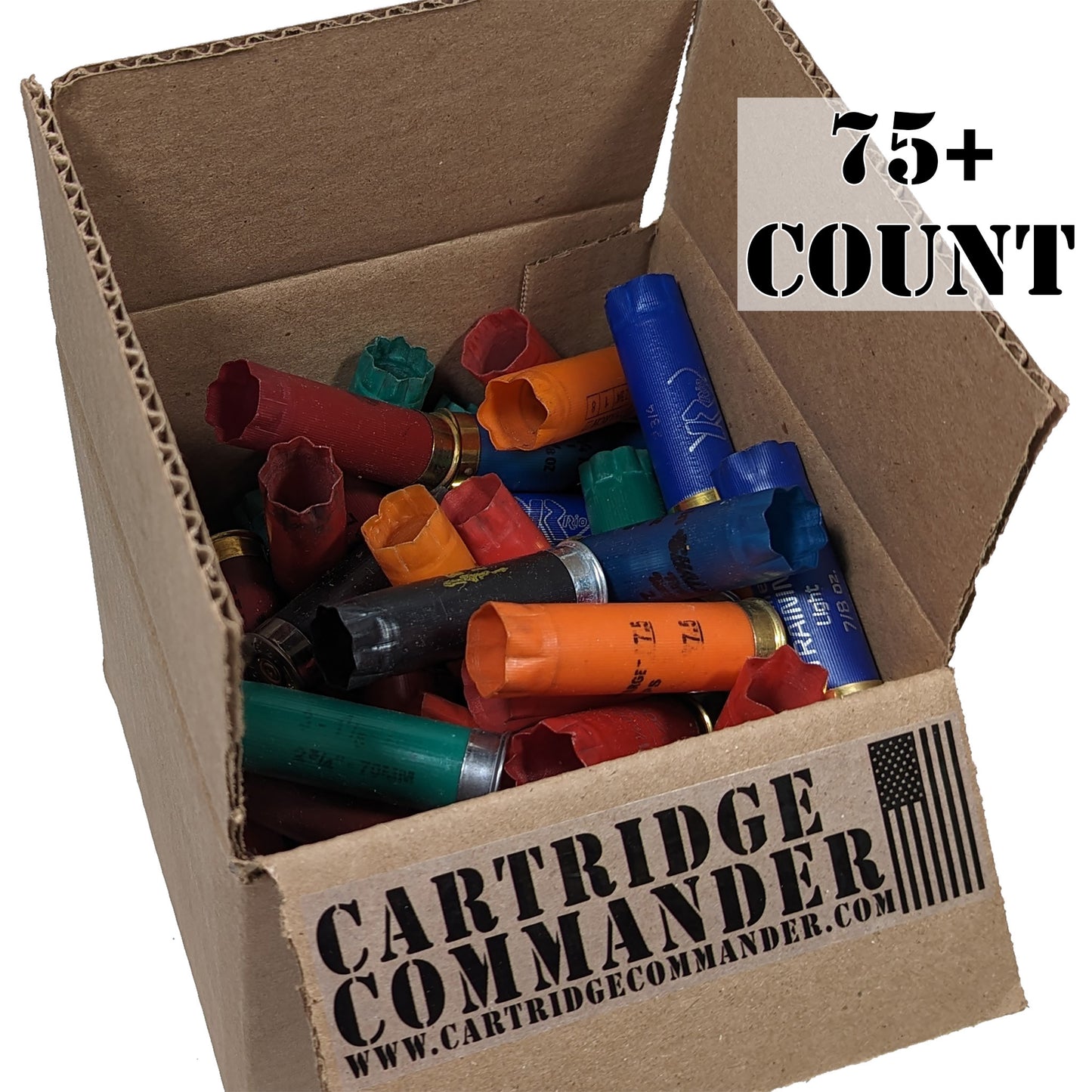 75-pack box of empty 12 gauge shotgun shells / hulls, mixed colors