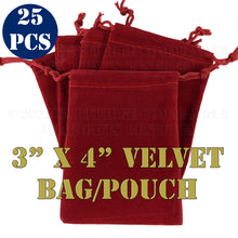 Load image into Gallery viewer, 3 inch by 4 inch velvet drawstring gift bag pouches. Sold in packs of 25