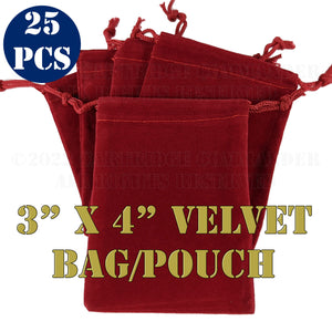 3 inch by 4 inch velvet drawstring gift bag pouches. Sold in packs of 25