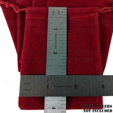 Load image into Gallery viewer, 3 inch by 4 inch velvet drawstring gift bag pouches. Steel rulers showing measurements. Sold in packs of 25