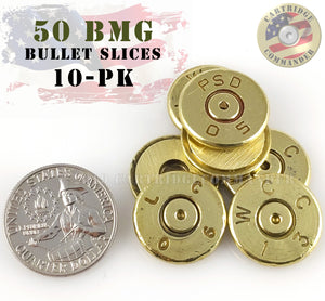 10-pack of .50 caliber BMG thin cut bullet slices for DIY jewelry craft supplies