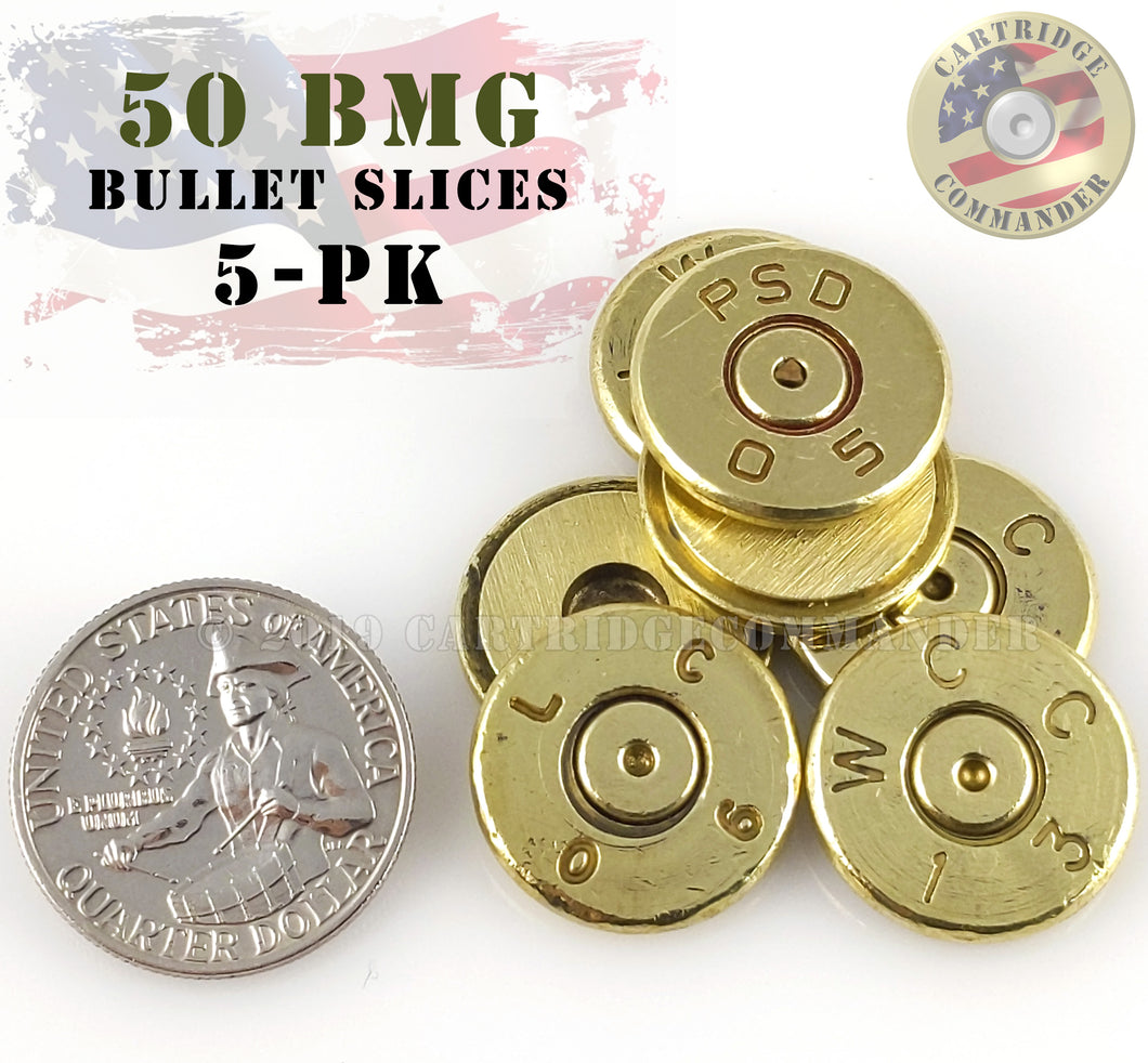5-pack of .50 caliber BMG thin cut bullet slices for DIY jewelry craft supplies